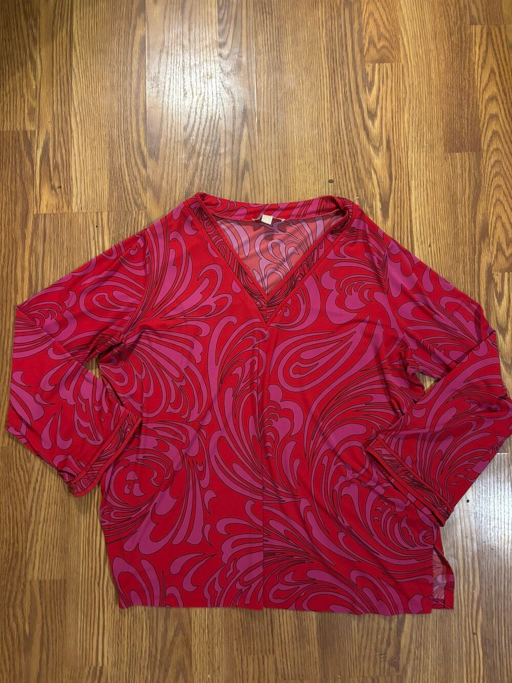 Michael Kors Red/ Pink Pucci Inspired Paisley Floral Long-Sleeve Top/  Blouse